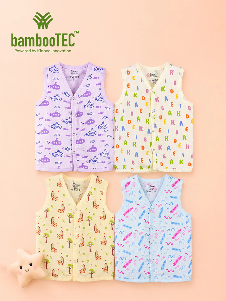 BambooTEC™ Bamboo Muslin Baby Jhabla Pack of 4 – Submarine, Alphabet, Giraffe & Crayon Prints