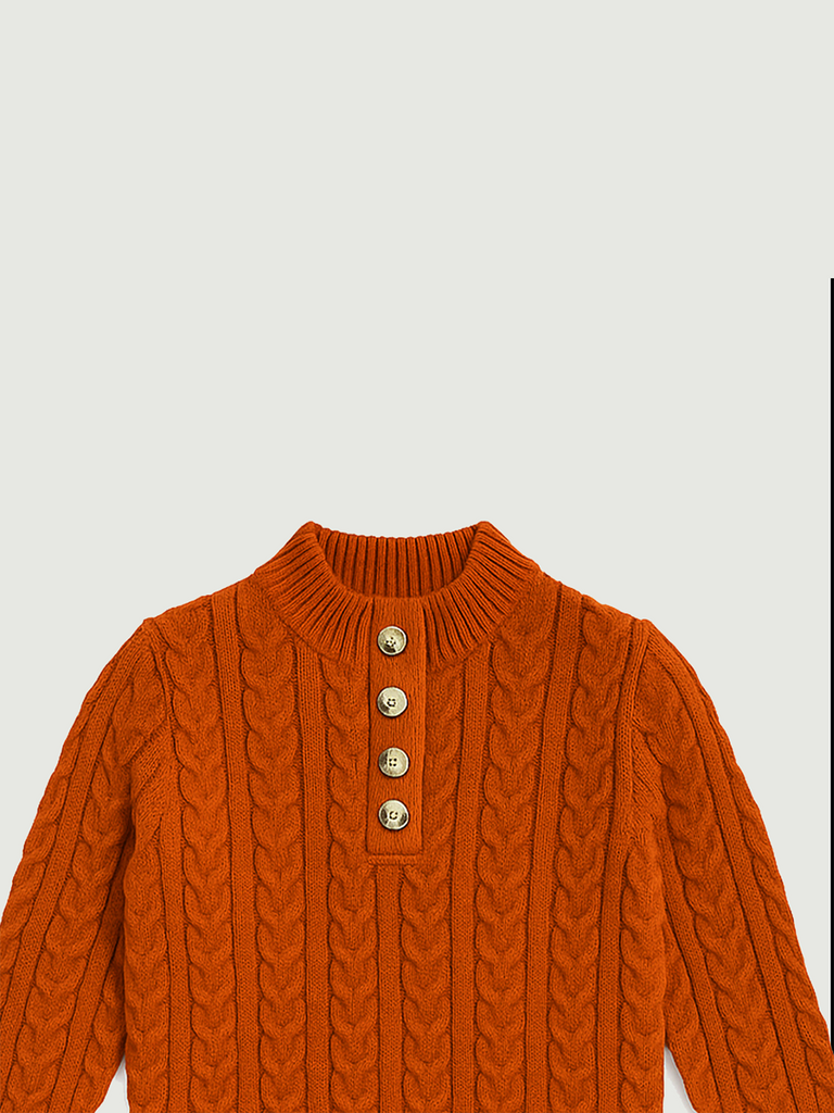 Organic Cotton Girls Winter Sweater | Cable Knit Henley Style