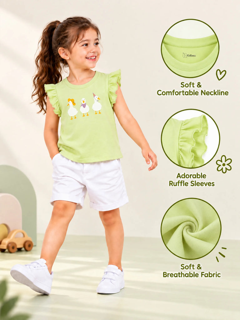 Girls Light Green Top – Cute Duck Print with Ruffle Sleeves