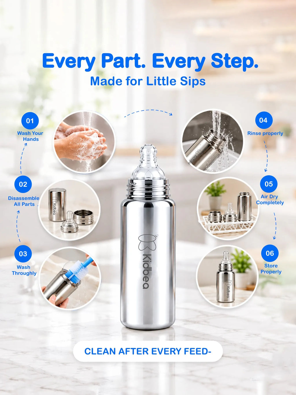 Stainless Steel Feeding Bottle 250ml with 2 Extra Nipples