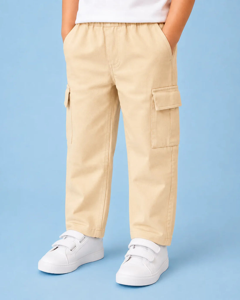 Unisex Light Beige Cotton Kids Cargo Pants – Comfortable Everyday Bottomwear