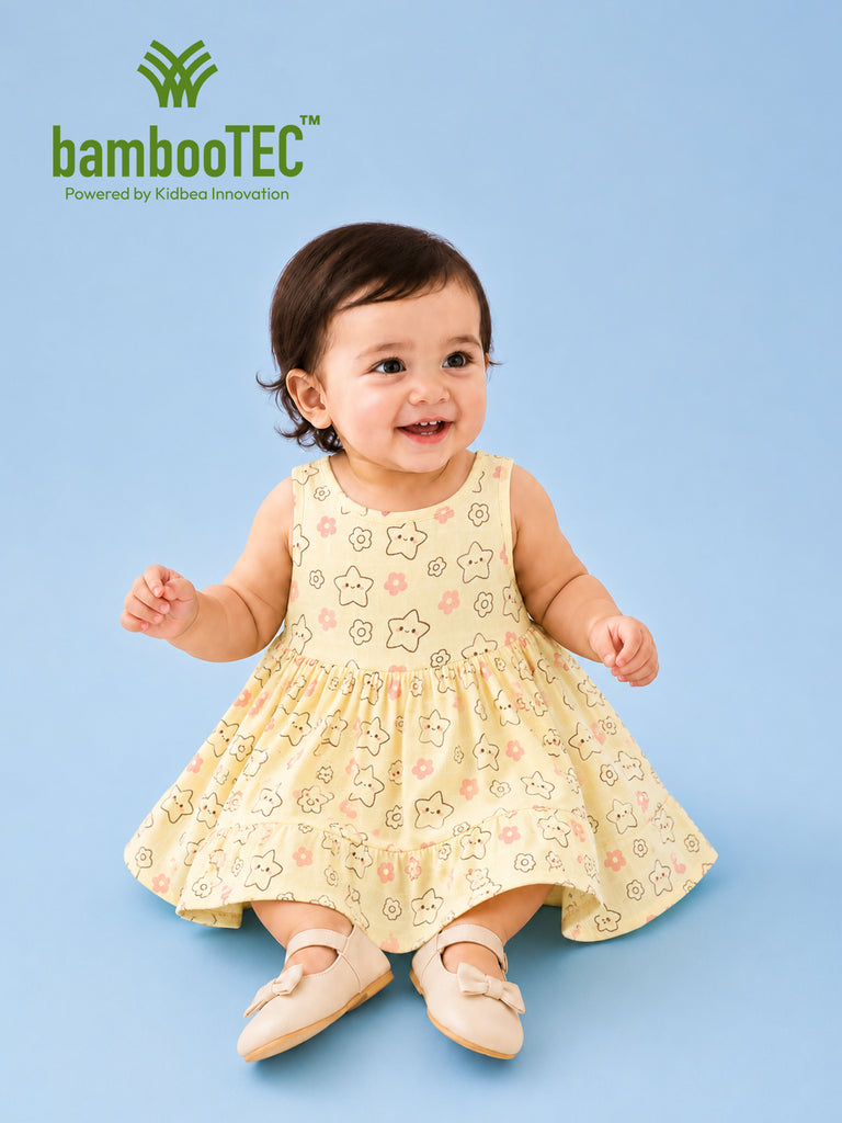 BambooTEC™ Bamboo Muslin Baby Frock – Star & Flower Print, Soft & Breathable Dress