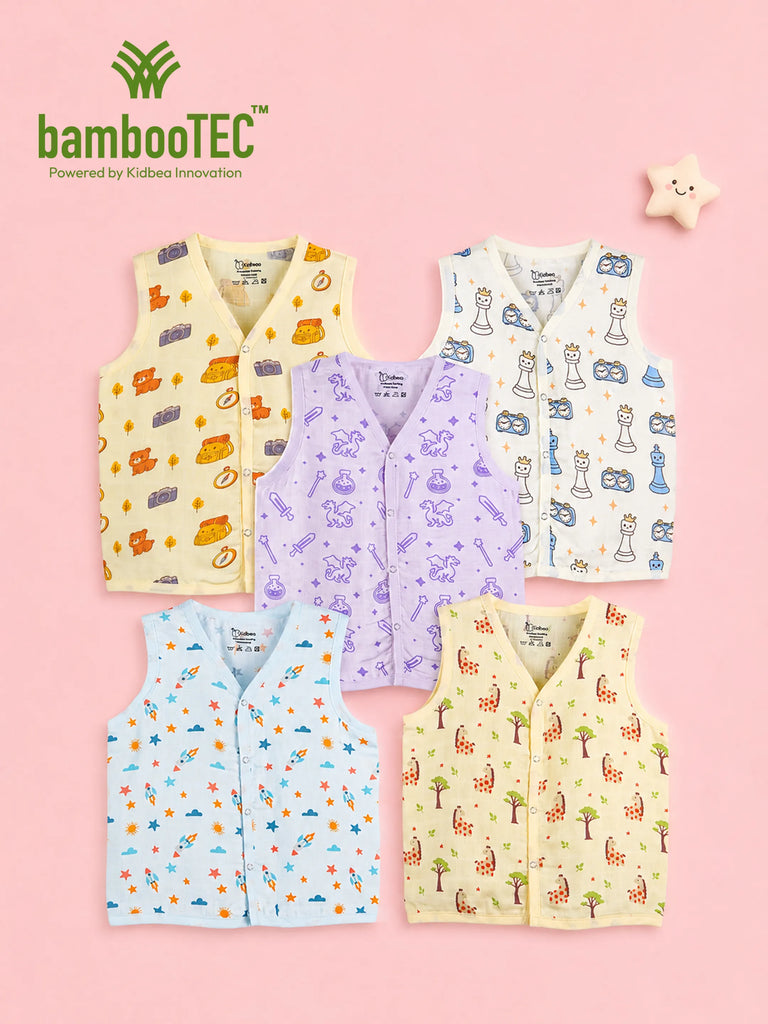 BambooTEC™ Bamboo Muslin Baby Jhabla Pack of 5 – Travel, Chess, Magic, Rocket & Giraffe Prints