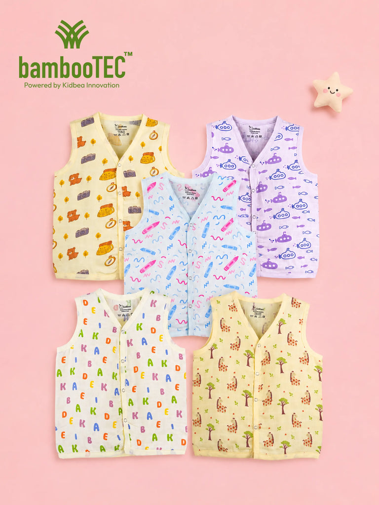 BambooTEC™ Bamboo Muslin Baby Jhabla Pack of 5 – Travel, Submarine, Crayon, Alphabet & Giraffe Prints