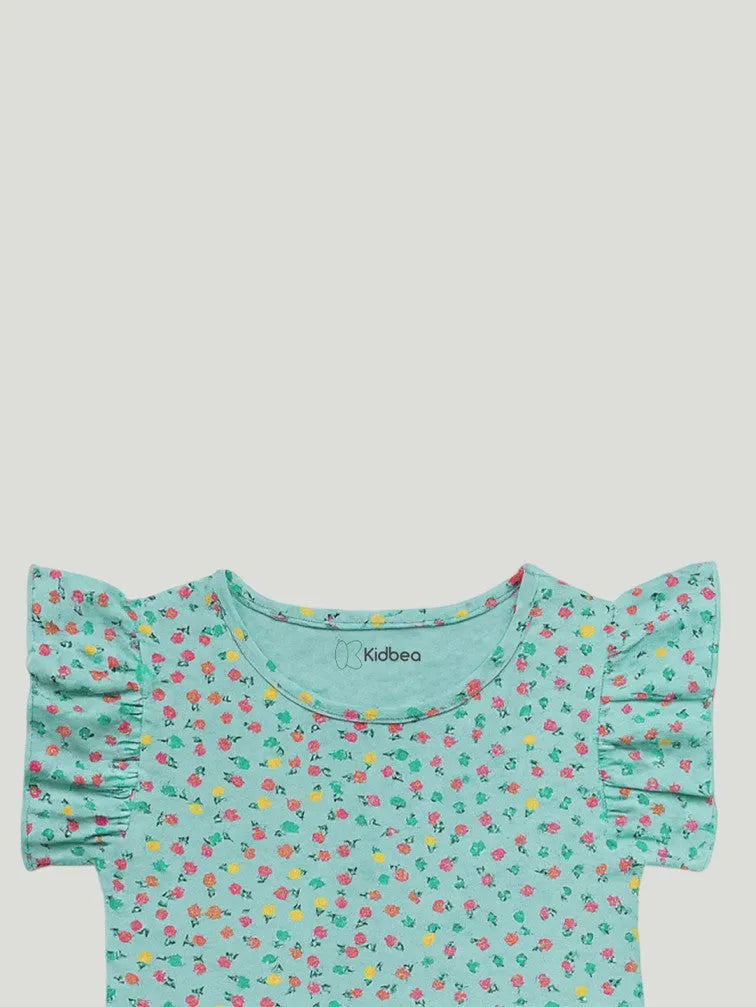 Girl Floral Print Clothing Set | Ruffle Sleeve Top and Matching Shorts | Teal