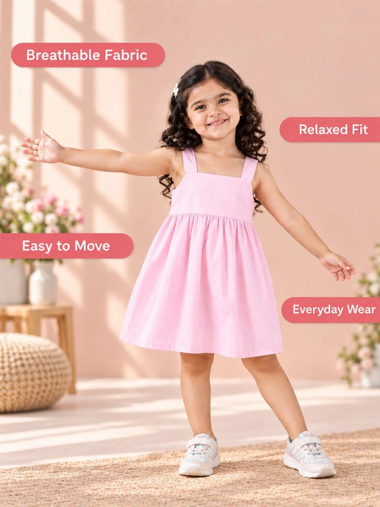 Girls Cotton Frock – Light Pink Sleeveless Flared Dress with Waist Tie