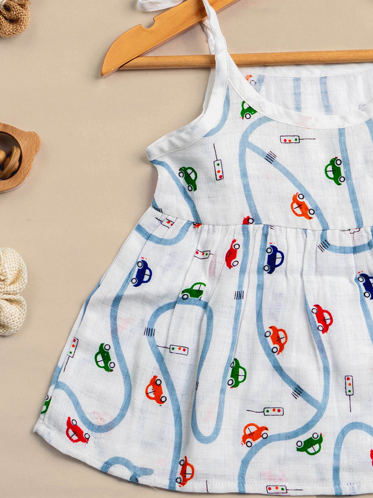 Premium Extra Soft Muslin Baby Girls Frock | Colorful Car Print