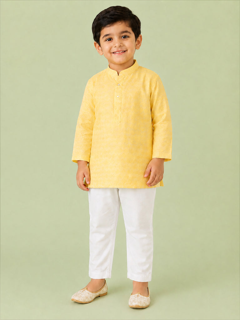 Boys Yellow Kurta & White Pajama Set – Traditional Ethnic Festive Wear