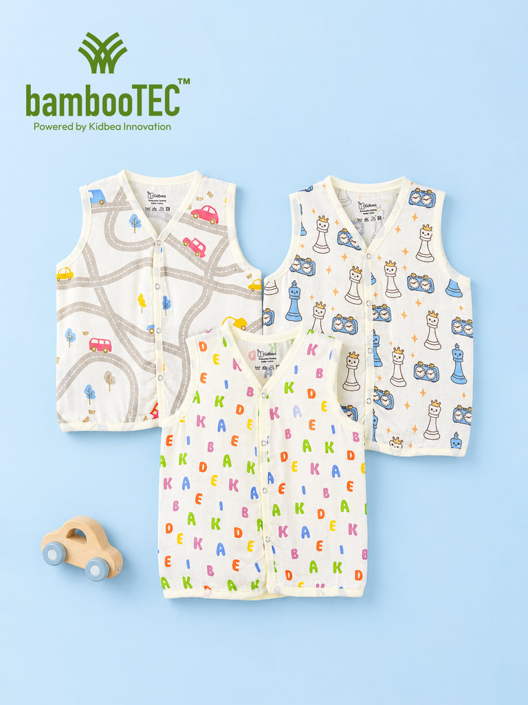 BambooTEC™ Bamboo Muslin Baby Jhabla Pack of 3 – Road Trip, Chess & Alphabet Print