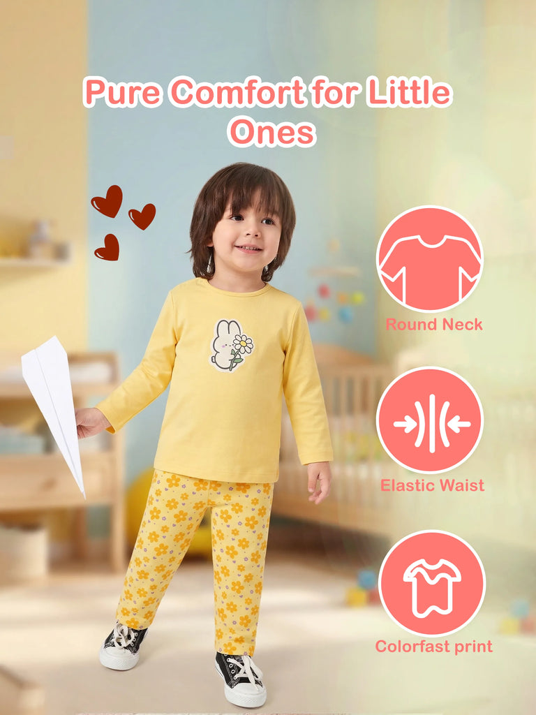 Organic Cotton Unisex Baby Co-ord Set – Soft Breathable Yellow Flower  Print Full Sleeve T-shirt & Pyjama for Infants