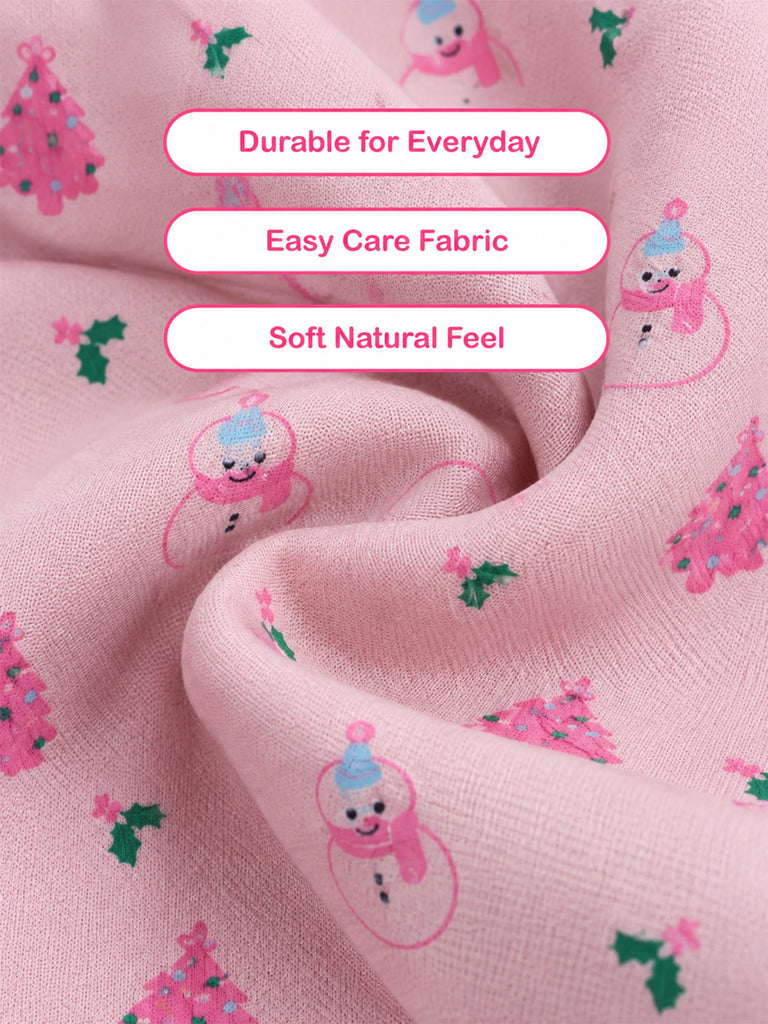 Cotton Baby Girls Footed Romper – Pink Christmas Print Full-Sleeve Romper