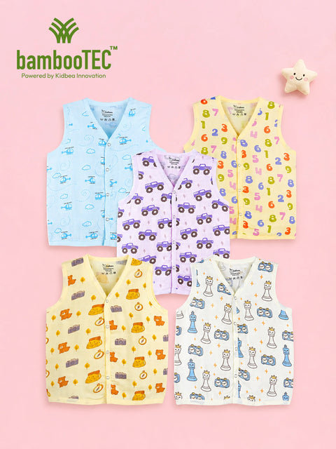 BambooTEC™ Bamboo Muslin Baby Jhabla Pack of 5 – Helicopter, Numbers, Monster Truck, Travel & Chess Prints