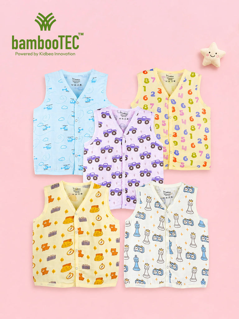 BambooTEC™ Bamboo Muslin Baby Jhabla Pack of 5 – Helicopter, Numbers, Monster Truck, Travel & Chess Prints