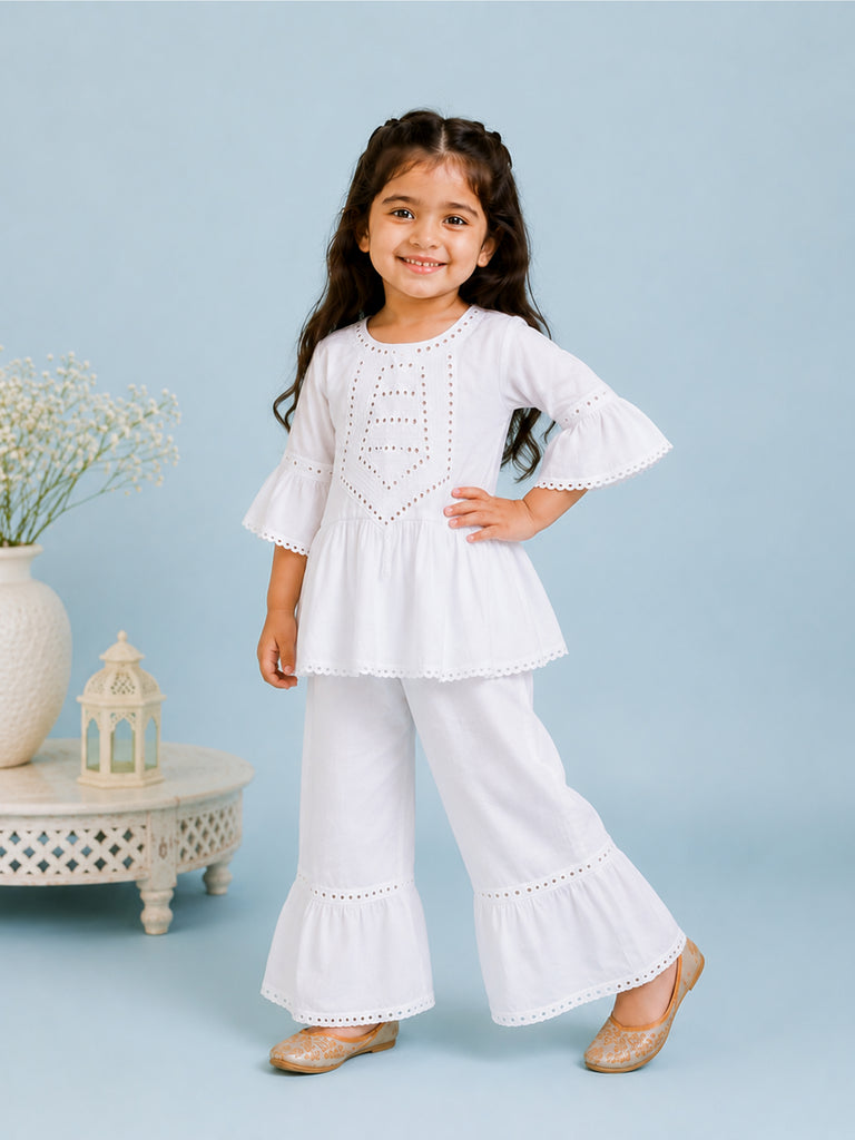 Girls White Kurta & Sharara Set – Embroidered Festive Ethnic Wear