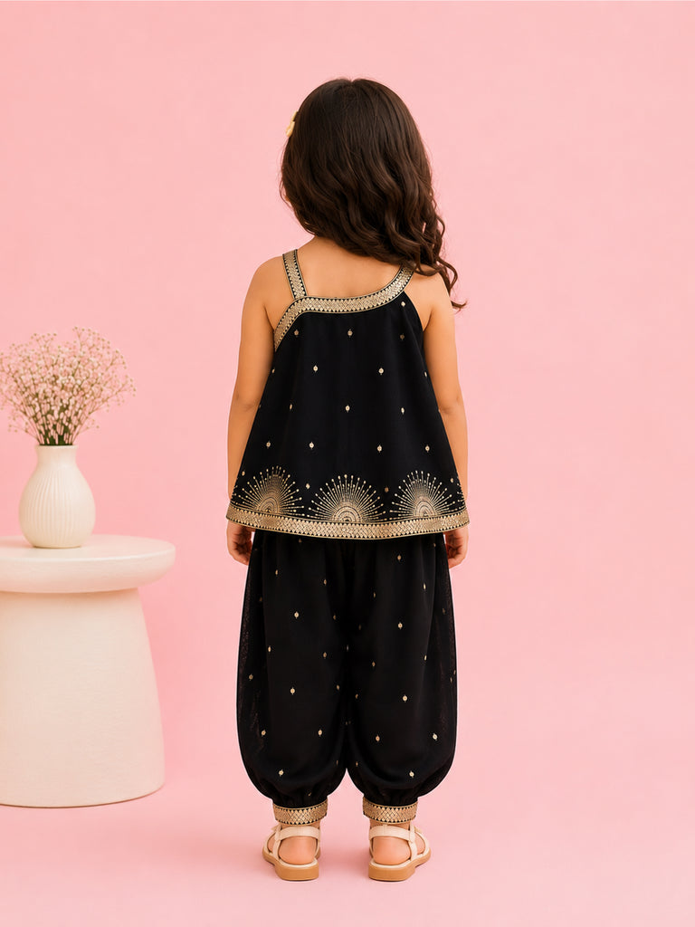 Girls Black Ethnic Crop Top & Dhoti Pants Set – Gold Embroidered Festive Wear