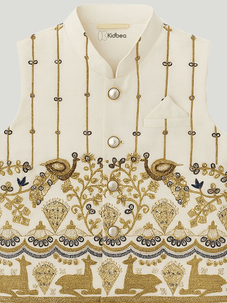 Kidbea Boys Ethnic Kurta Pajama Set with Embroidered Nehru Jacket | Festive & Wedding Wear Outfit | White