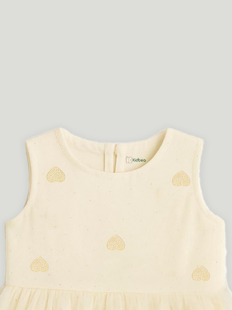 Kidbea Baby Girl Party/Birthday Dress | Sleeveless Stylish Frock with White Heart Embroidery & Tulle Layer | Ideal for Toddlers & Infants Cream
