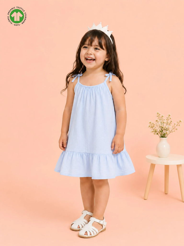 Organic Cotton Girls Sleeveless Summer Dress with Ruffle Hem - Sky Blue