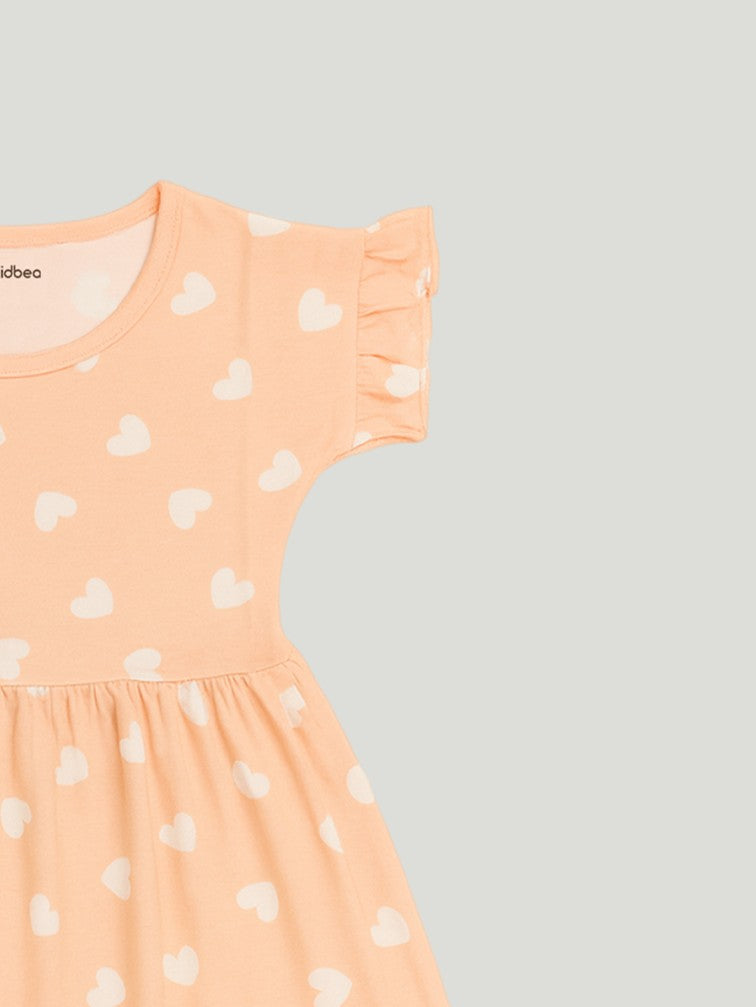Kidbea Girls Cotton Frock | Heart Printed Dress for Summer | Ruffle Sleeves | Pink
