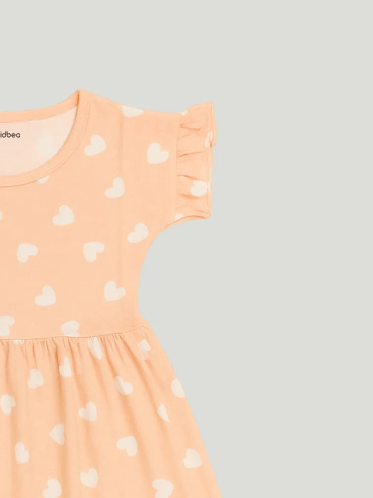 Kidbea Girls Cotton Frock | Heart Printed Dress for Summer | Ruffle Sleeves | Pink