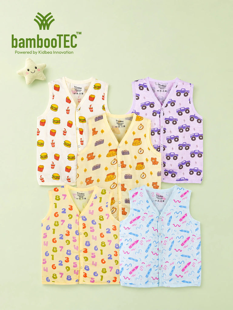 BambooTEC™ Bamboo Muslin Baby Jhabla Pack of 5 – Fast Food, Monster Truck, Camera & Numbers Prints