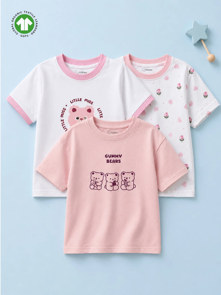 Organic Cotton Girls Little Miss, Gummy Bears & Floral Hearts Print Half Sleeve T-Shirt Combo Pack