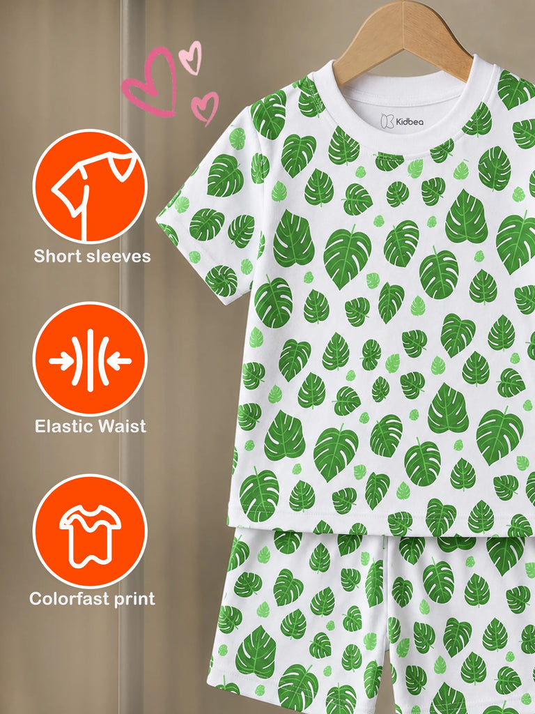 Organic Cotton Unisex Kids Co-ord Set Pack of 2 – Soft Breathable Heart & Leaf Print T-Shirt & Shorts Set