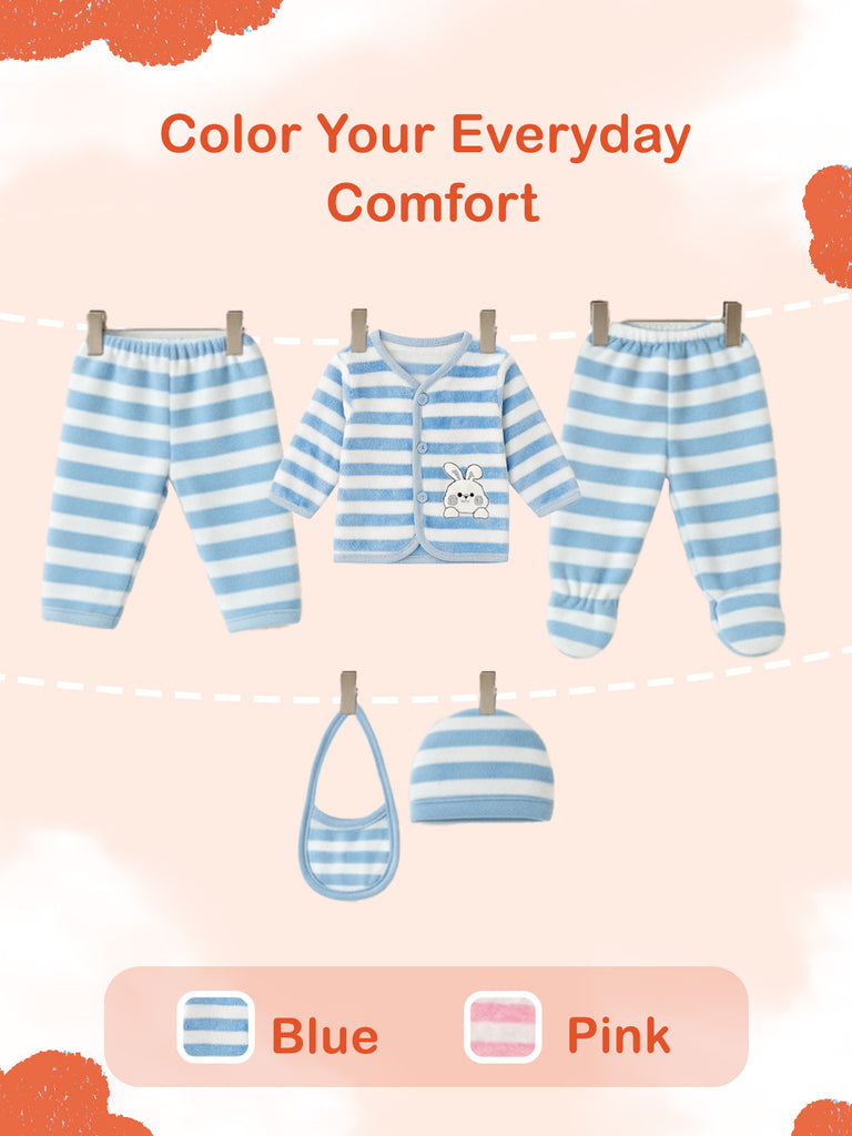 Unisex Baby Winter Wear – 5 Piece Cozy Cotton Set with Cardigan, Pants, Footed Bottom, Cap & Bib