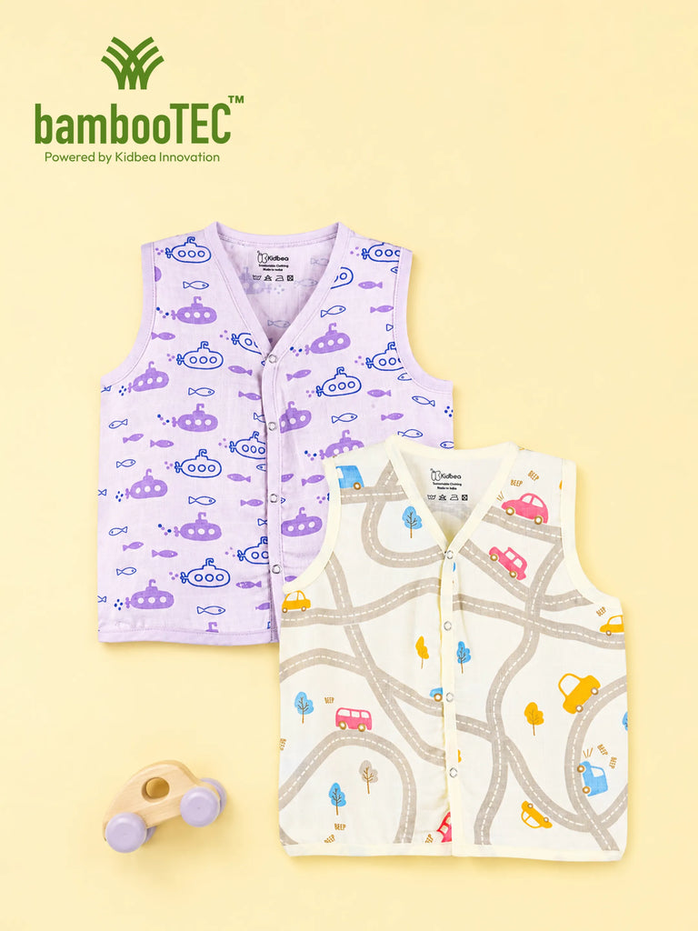 BambooTEC™ Bamboo Muslin Baby Jhabla Pack of 2 – Submarine & Road Trip Print