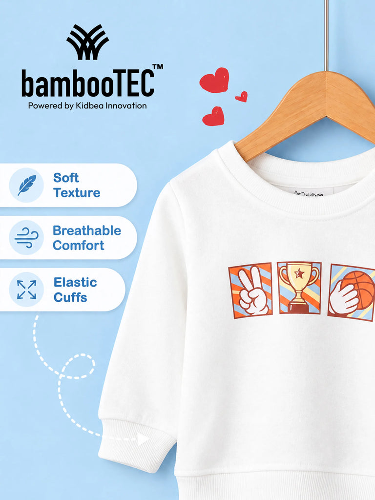 BambooTEC™ Unisex Kids Sweatshirt – White Sports Graphic Full-Sleeve Crewneck