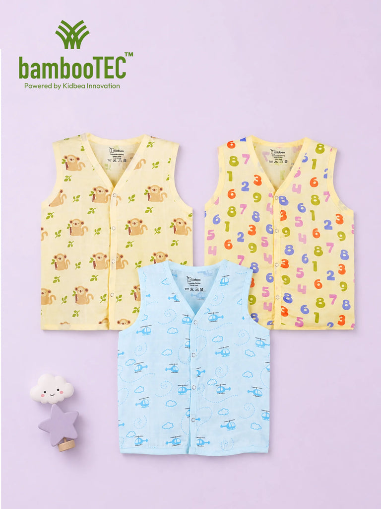 BambooTEC™ Bamboo Muslin Baby Jhabla Pack of 3 – Monkey, Numbers & Helicopter Print