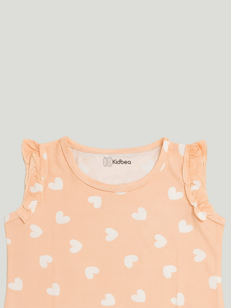 Kidbea Girls Heart Print Clothing Set | Soft Sleeveless Top with Ruffle Sleeves and Elastic Waist Shorts | Peach