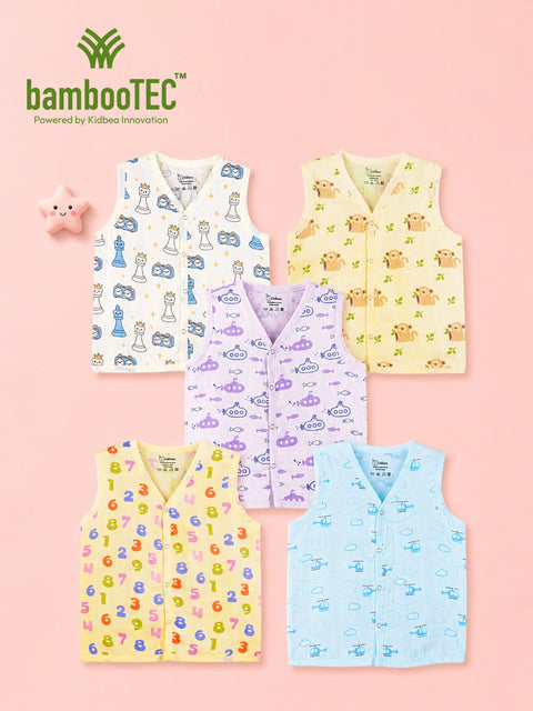 BambooTEC™ Bamboo Muslin Baby Jhabla Pack of 5 – Chess, Monkey, Submarine, Numbers & Helicopter Prints