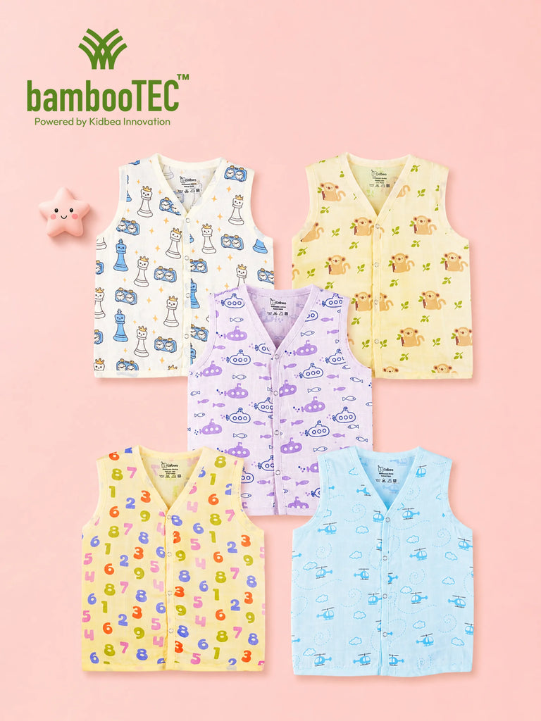 BambooTEC™ Bamboo Muslin Baby Jhabla Pack of 5 – Chess, Monkey, Submarine, Numbers & Helicopter Prints