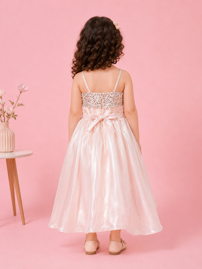 Girls Pink Partywear Frock – Sequin & Floral Embellished High-Low Dress