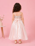 Girls Pink Partywear Frock – Sequin & Floral Embellished High-Low Dress
