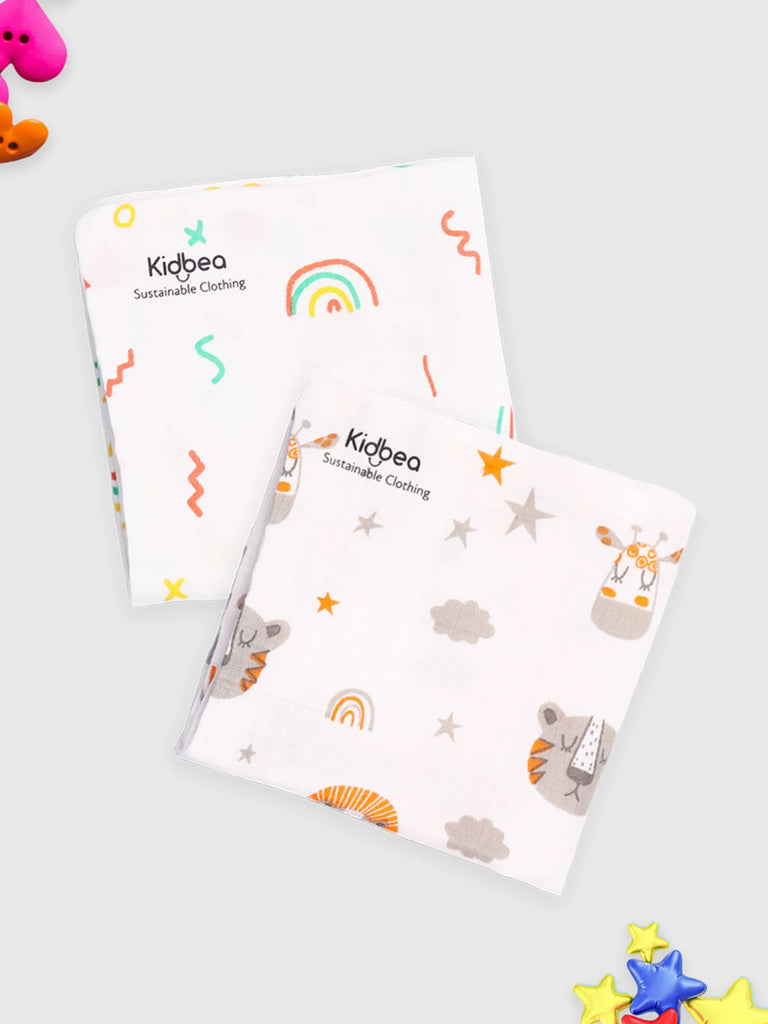 Muslin Premium ultra Soft doubled layer Napkin Multicolor - Pack of 2 | Tiger & Rainbow
