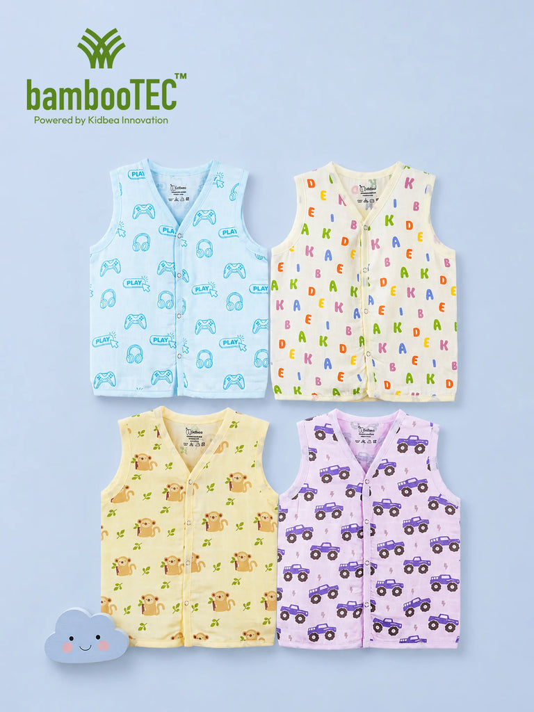 BambooTEC™ Bamboo Muslin Baby Jhabla Pack of 4 – Gaming, Alphabet, Monkey & Monster Truck Prints