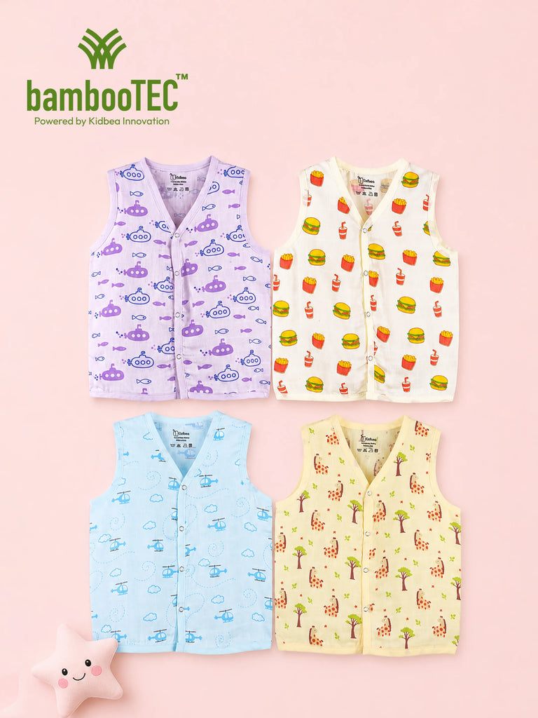BambooTEC™ Bamboo Muslin Baby Jhabla Pack of 4 – Submarine, Fast Food, Helicopter & Giraffe Prints