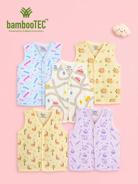 BambooTEC™ Bamboo Muslin Baby Jhabla Pack of 5 – Crayon, Monkey, Travel, Giraffe & Magic Prints