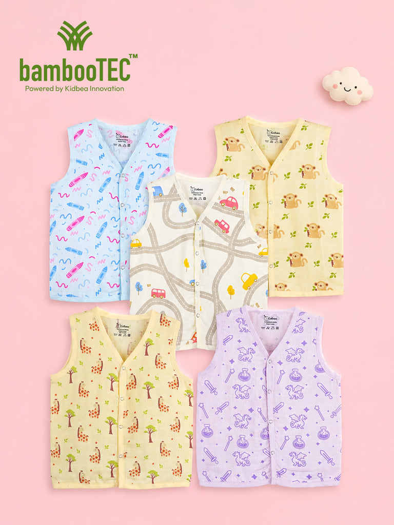 BambooTEC™ Bamboo Muslin Baby Jhabla Pack of 5 – Crayon, Monkey, Travel, Giraffe & Magic Prints