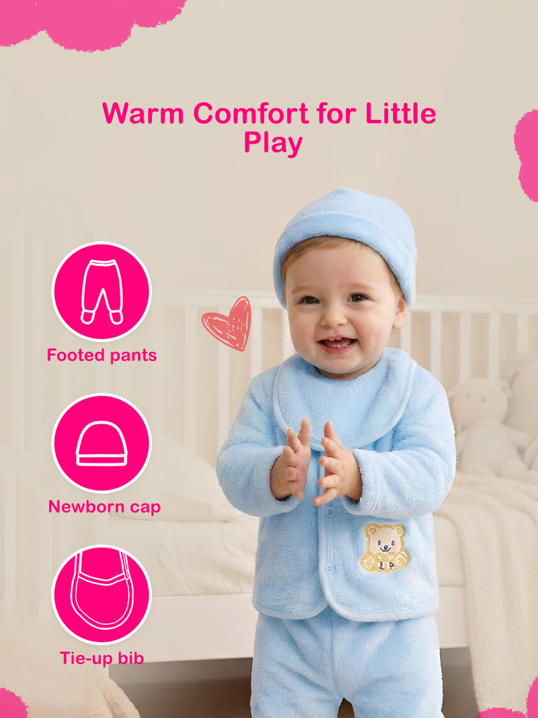 Unisex Baby Winter Wear – Pack of 5 Cozy Set with Cardigan, Pants, Footed Pants, Cap & Bib