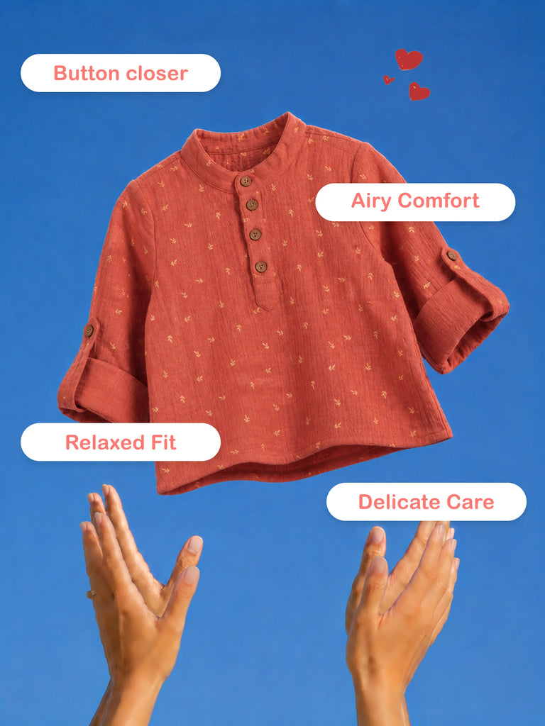 Organic Cotton Boys Mandarin Collar Full Sleeve Shirt - Rust Orange
