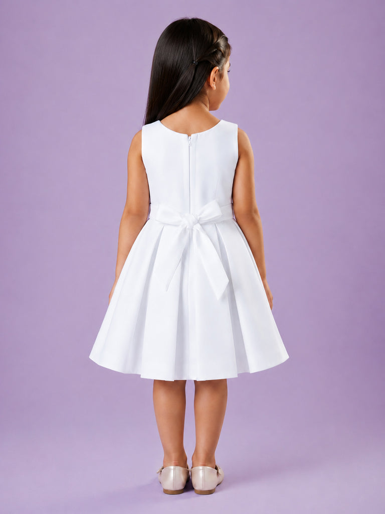 Girls White Partywear Frock – 3D Rose Flower & Leaf Design Dress
