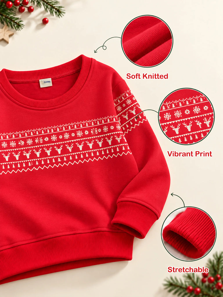 Unisex Cotton Sweatshirt – Red Full-Sleeve Christmas Fair Isle Printed Pullover