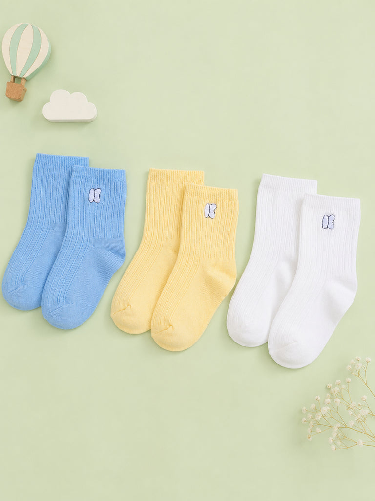 Bamboo Fabric Kids Ribbed Crew Socks Combo Pack – Sky Blue, Yellow & White (Pack of 3)
