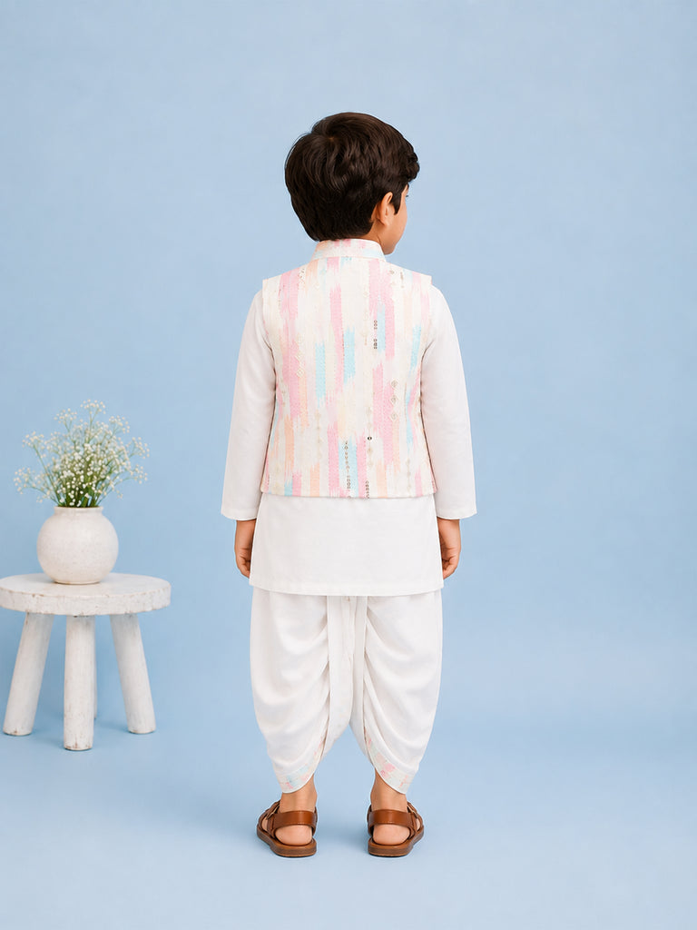 Boys White Kurta & Dhoti Set – Pastel Printed Jacket Festive Wear