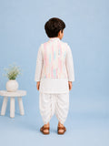 Boys White Kurta & Dhoti Set – Pastel Printed Jacket Festive Wear