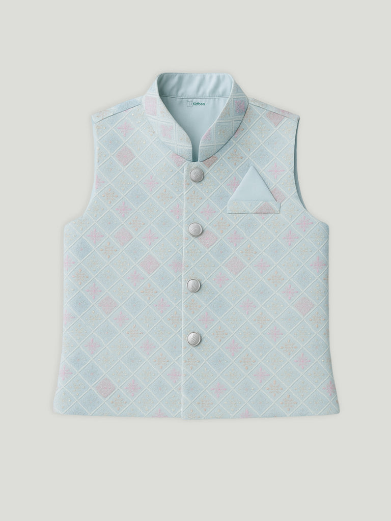 Kidbea Boys Stylish Kurta Pajama Set with Embroidered Nehru Jacket | Traditional Festive Ethnic Wear | Blue