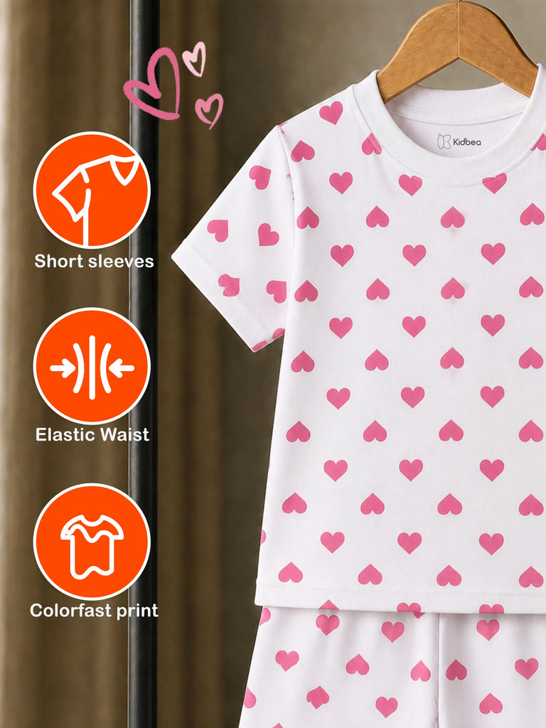 Organic Cotton Unisex Kids Co-ord Set Pack of 2 – Soft Breathable Heart & Leaf Print T-Shirt & Shorts Set